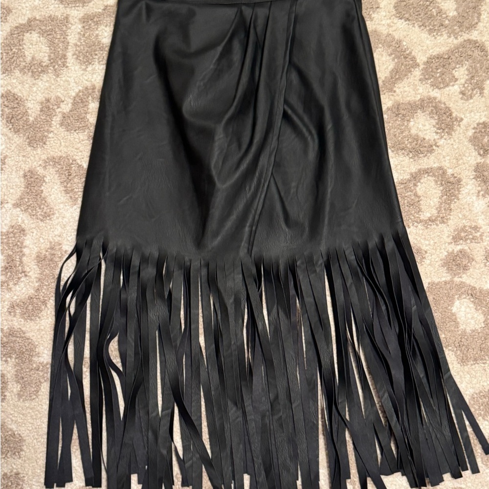 Vegan Leather Black Fringe Midi Skirt